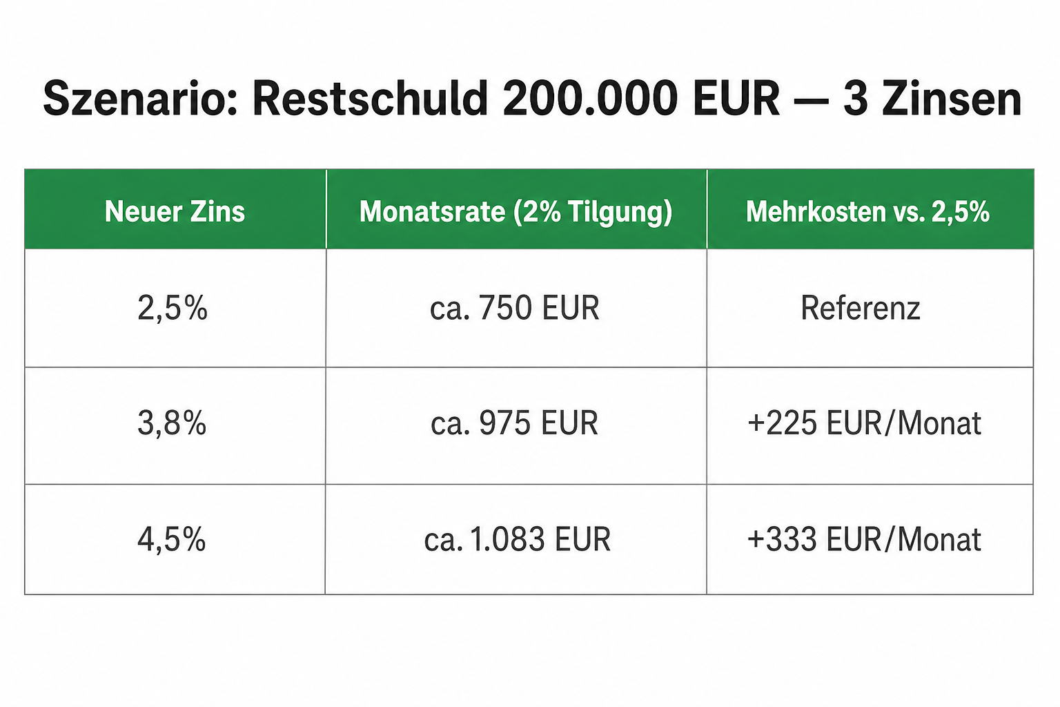 Drei Folgezins-Szenarien bei 210.000 Euro Restschuld: 963, 1225 und 1488 Euro Monatsrate.