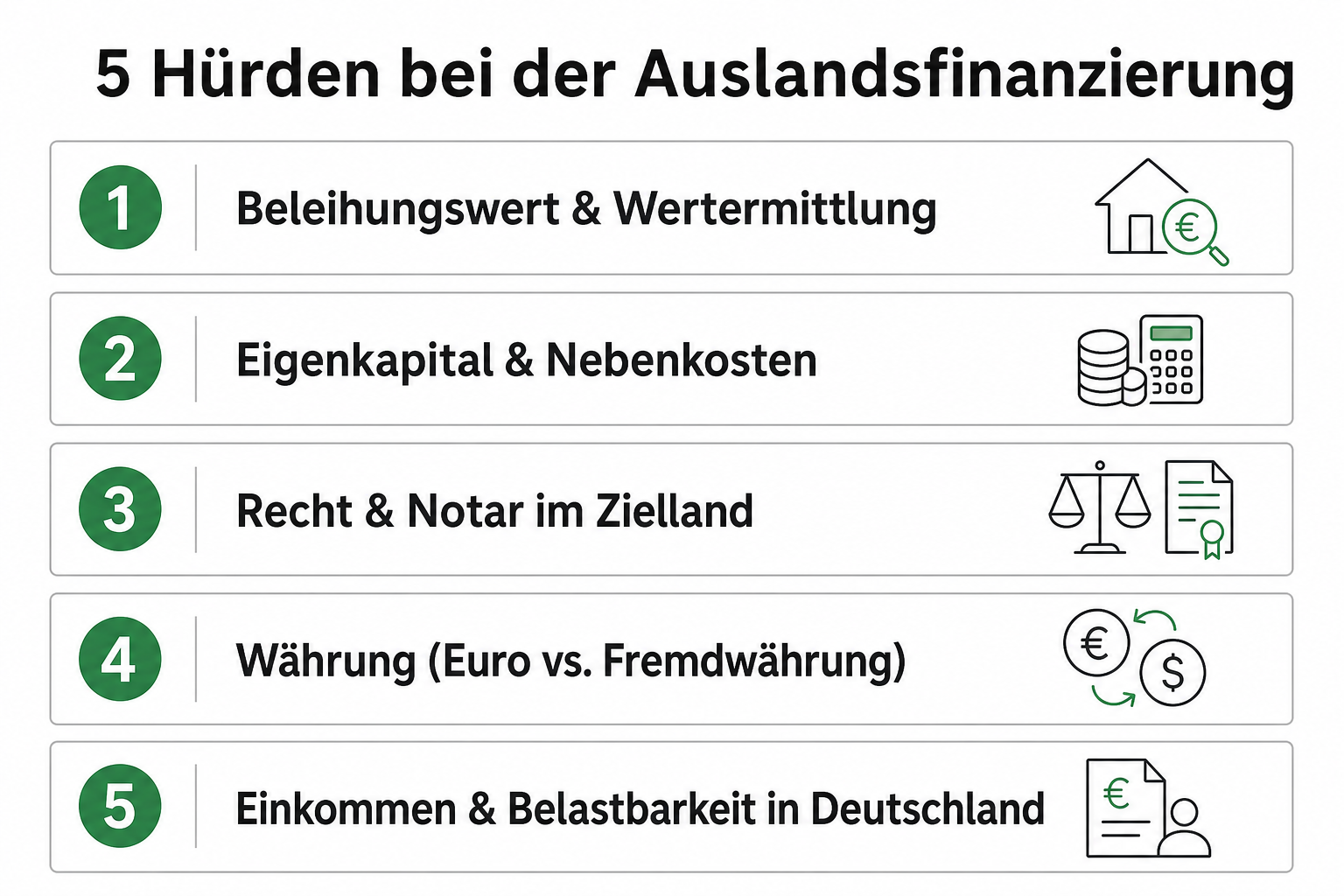 Infografik: Fünf Hürden bei der Auslandsfinanzierung — Beleihungswert, Eigenkapital, Recht, Währung, Belastbarkeit.