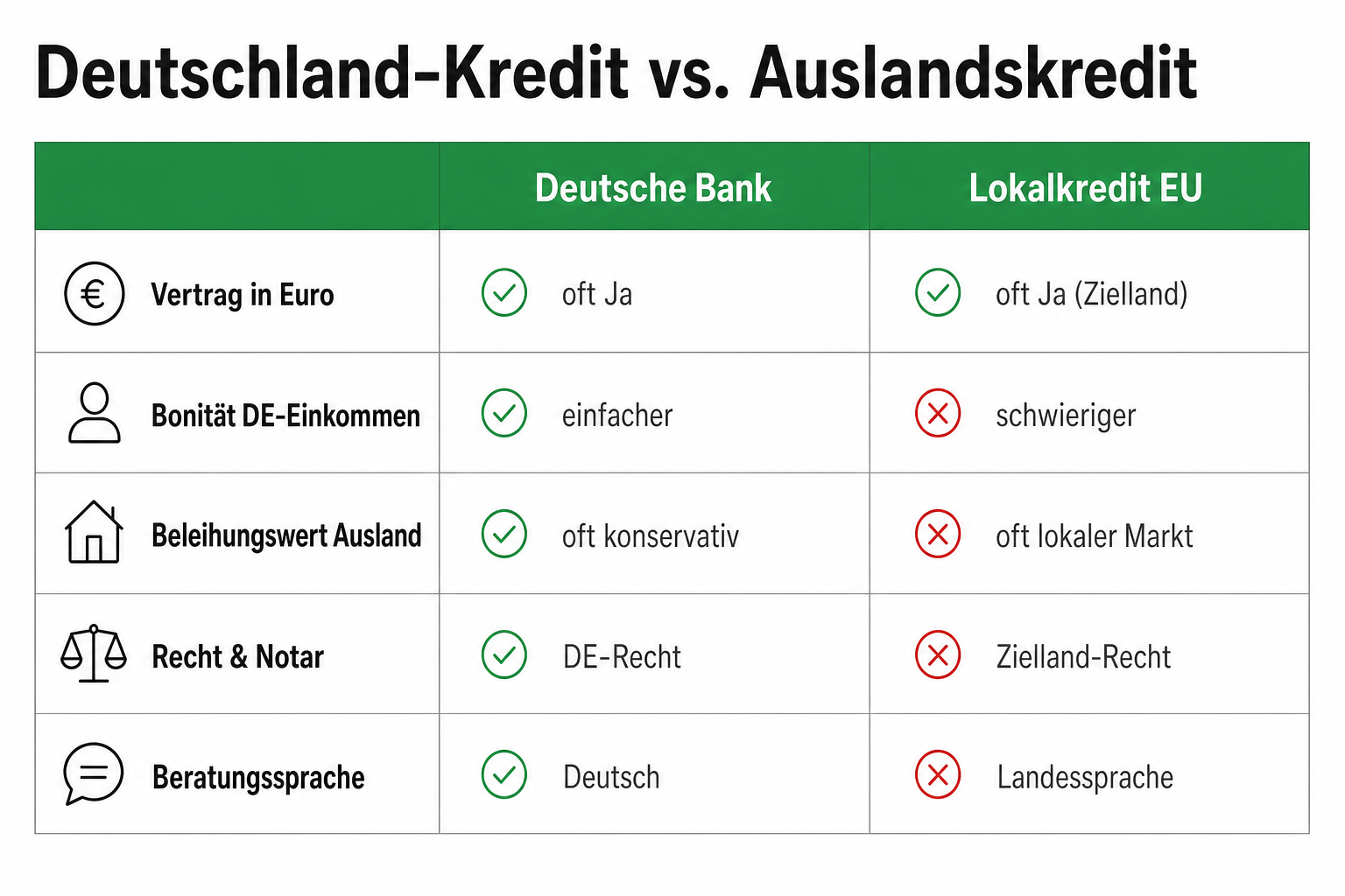 Vergleich Deutschland-Kredit versus Lokalkredit im EU-Ausland bei Auslandsfinanzierung.