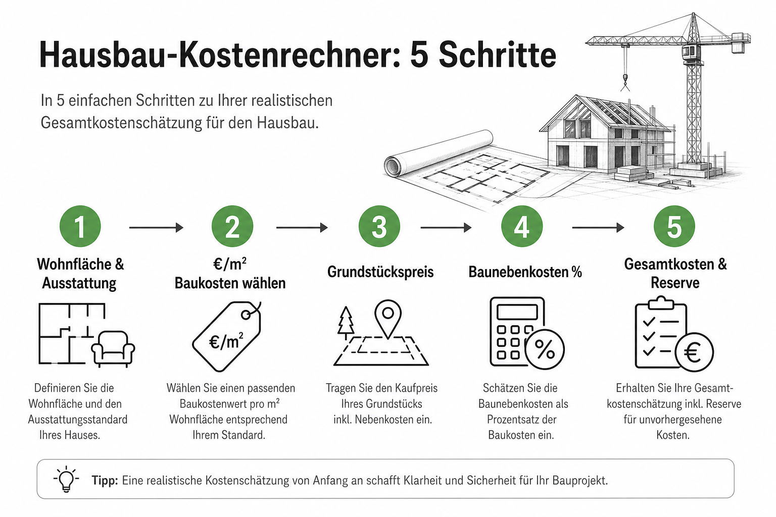 Fünf Schritte Hausbau-Kostenrechner: Grundstück, Baukosten, Baunebenkosten, Außenanlagen, Gesamtsumme.