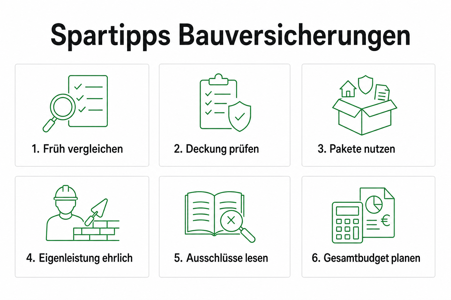 Infografik mit sechs Spartipps für Bauversicherungen beim Hausbau.