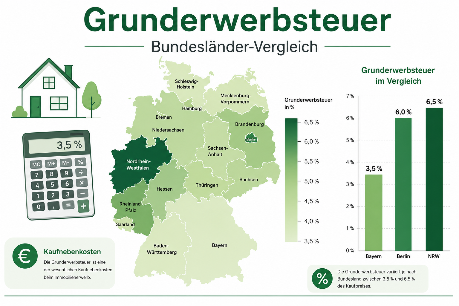 Grunderwerbsteuer Bundesländer-Vergleich: Deutschland-Karte mit Steuersätzen von 3,5 bis 6,5 Prozent und Kaufnebenkosten-Übersicht.