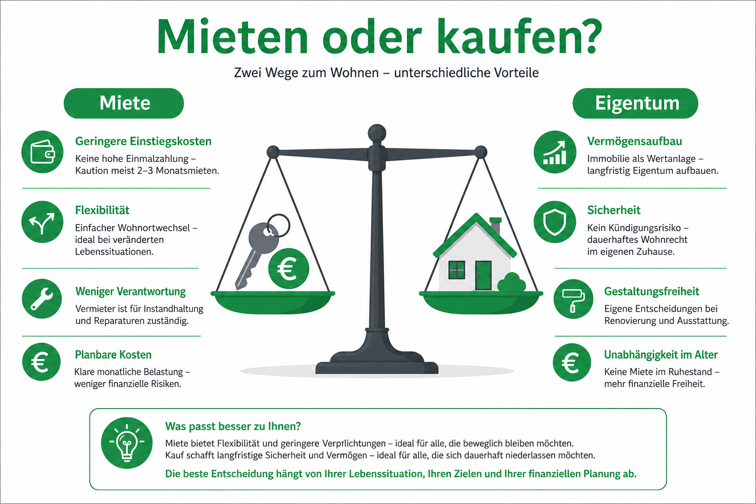 Mieten oder kaufen: Waage zwischen Mietwohnung und Eigentum als Entscheidungshilfe.